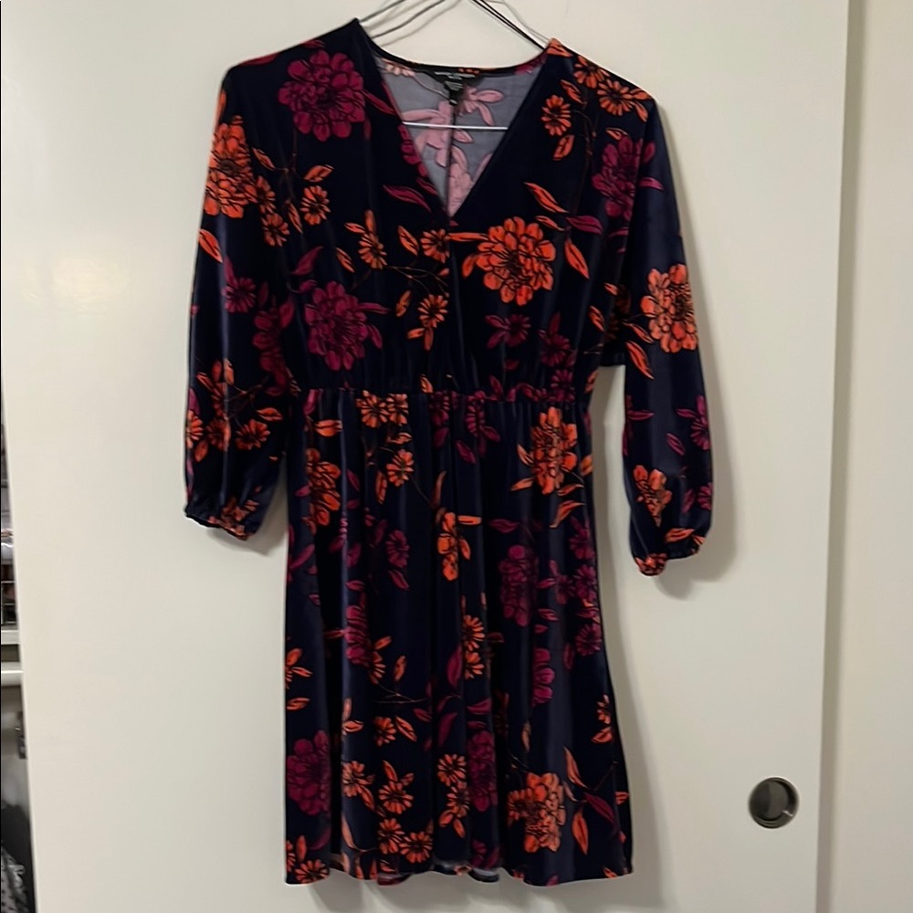Maggy London Petite Floral Long Sleeve Dress - Navy, Orange, and Purple